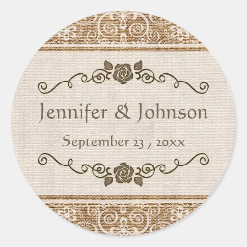 Rustic Burlap Lace Wedding Classic Round Sticker