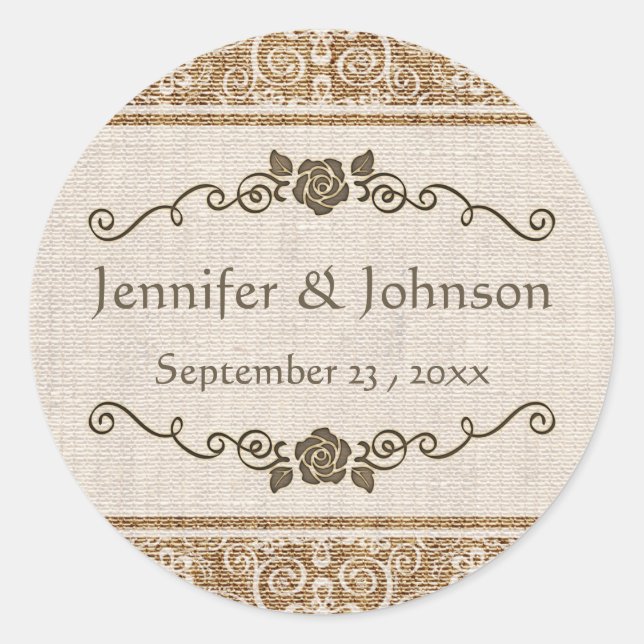 Rustic Burlap Lace Wedding Classic Round Sticker (Front)