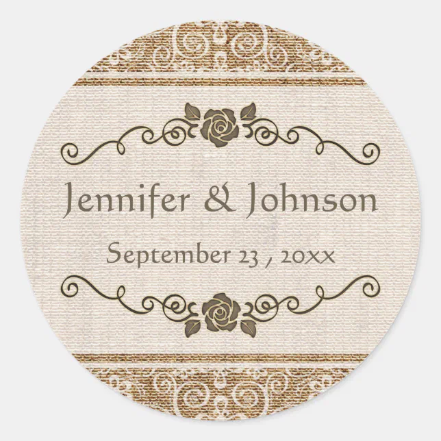 Rustic Burlap Lace Wedding Classic Round Sticker | Zazzle