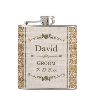 Rustic Burlap Lace Wedding Groom Flask