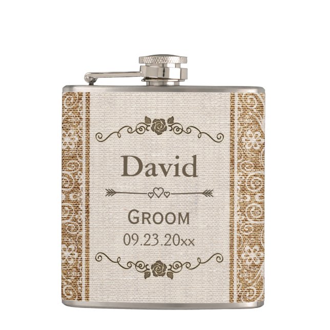 Rustic Burlap Lace Wedding Groom Flask (Front)