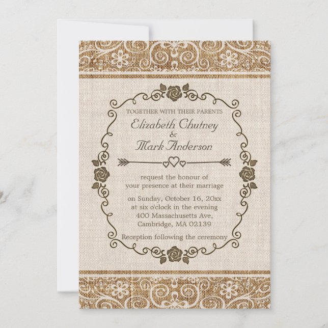 Rustic Burlap Lace Wedding Invitation (Front)
