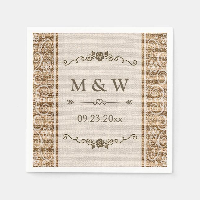 Rustic Burlap Lace Wedding Monogram Napkins (Front)