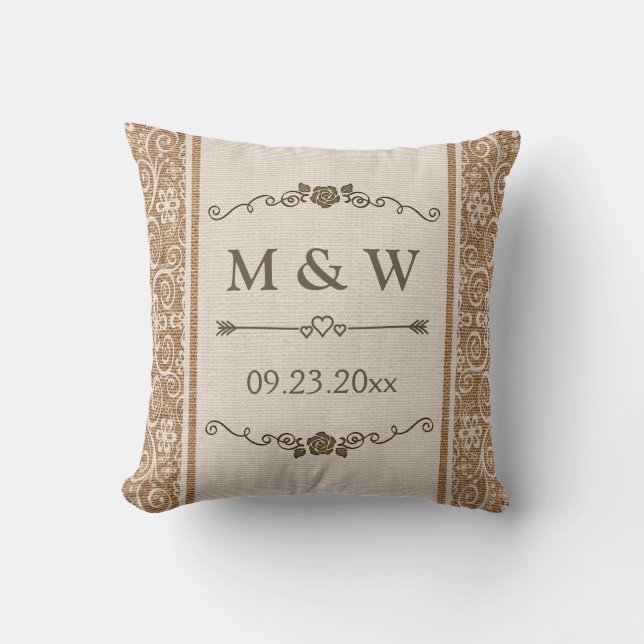 Rustic Burlap Lace Wedding Monogram Throw Pillow (Front)