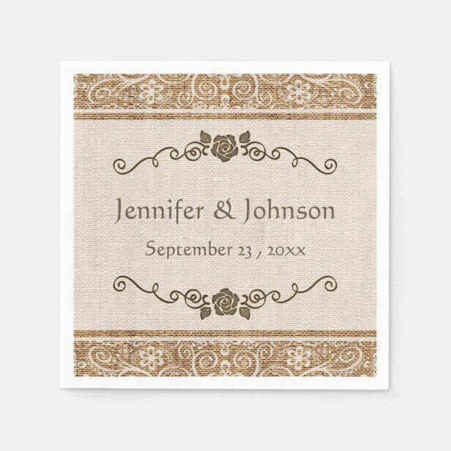 Rustic Burlap Lace Wedding Paper Napkins (Front)