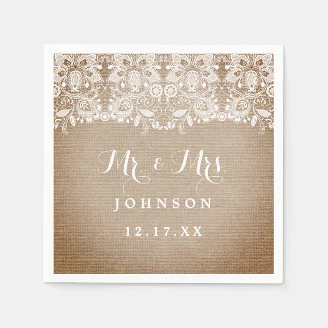 Rustic Burlap Lace Wedding Paper Napkins | Zazzle