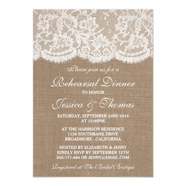 Rustic Burlap & Lace Wedding Rehearsal Dinner Invitation