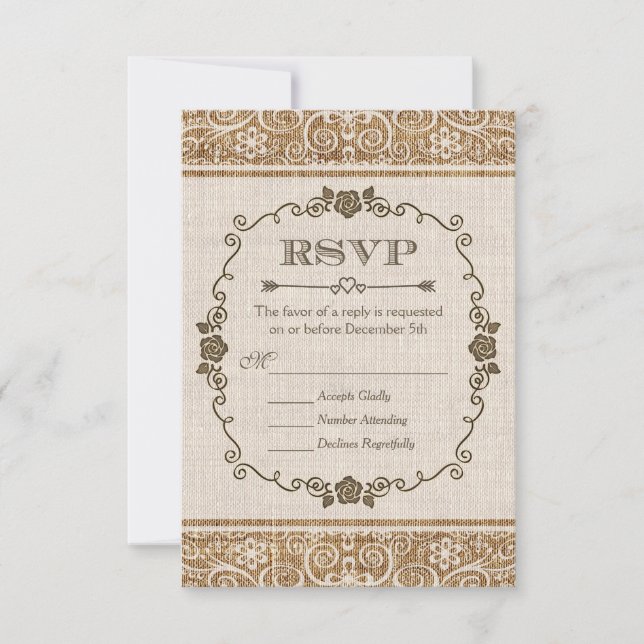 Rustic Burlap Lace Wedding RSVP Card (Front)