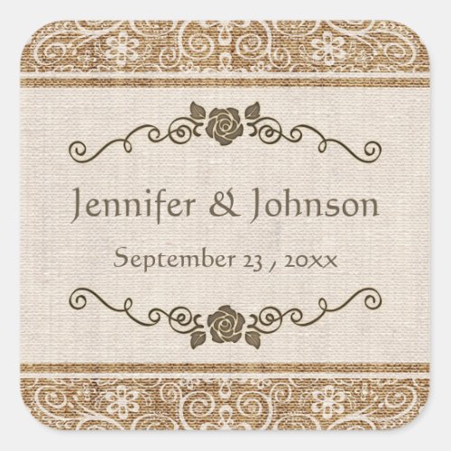 Rustic Burlap Lace Wedding Square Sticker