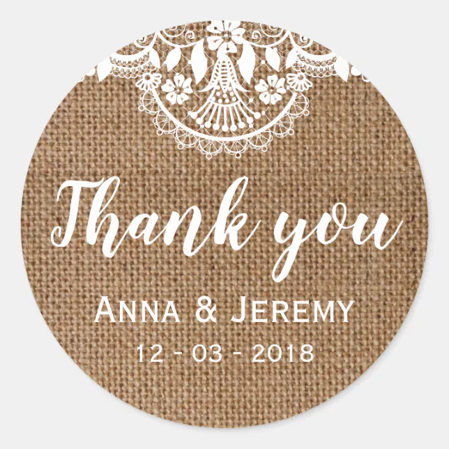 Rustic Burlap Lace Wedding Sticker | Zazzle