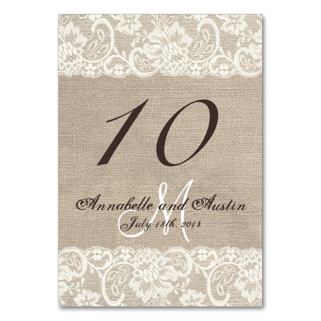 Rustic Burlap Lace Wedding Table Card (Back)
