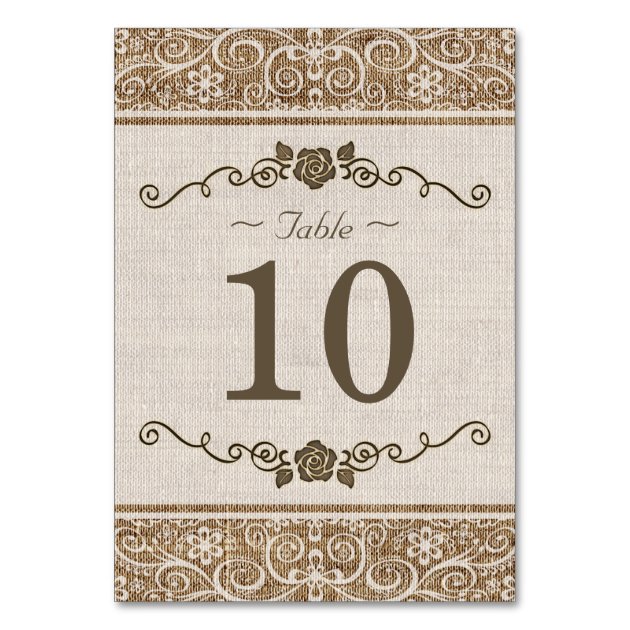 Rustic Burlap Lace - Wedding Table Number Card