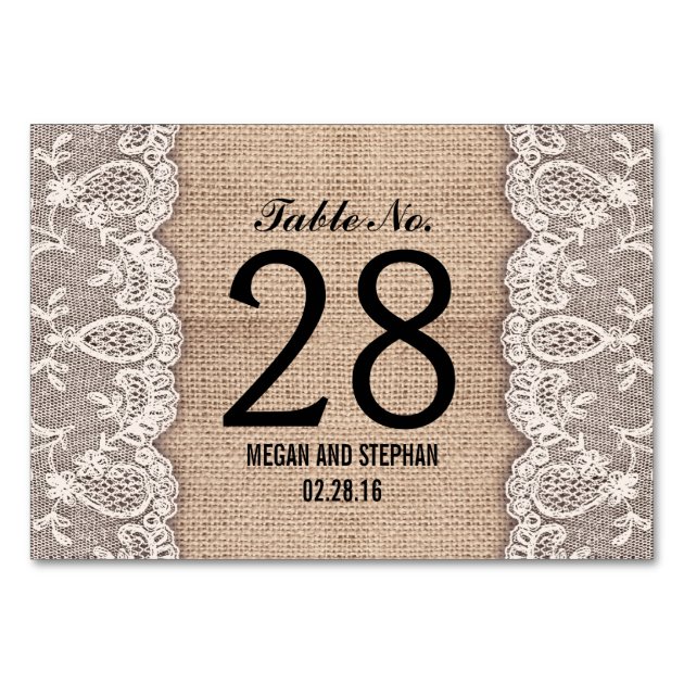 Rustic Burlap Lace Wedding Table Number Cards