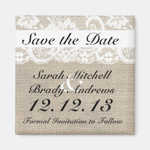 Rustic Burlap Lace White Save the Date Magnet