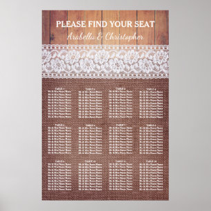 Rustic Burlap Lace & Wood 12 Table Seating Chart