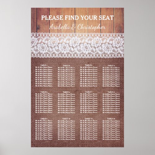 Rustic Burlap Lace  Wood  12 Table Seating Chart
