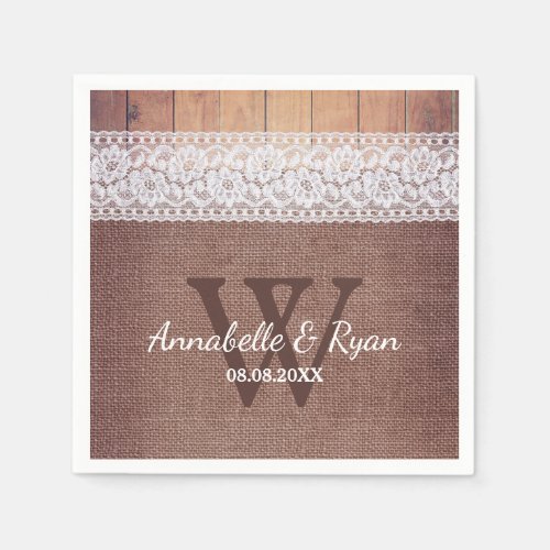 Rustic Burlap Lace  Wood  Monogram Wedding Paper Napkins