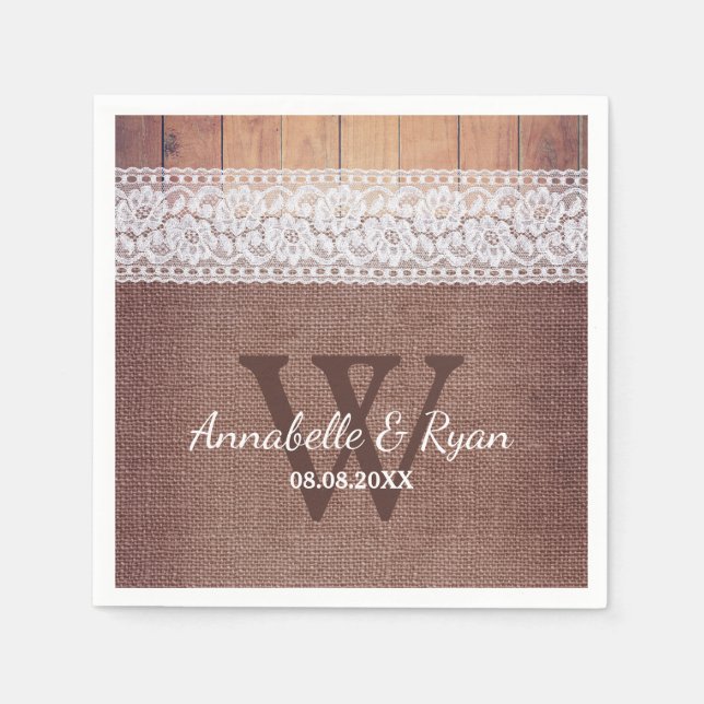Rustic Burlap Lace & Wood | Monogram Wedding Paper Napkins (Front)