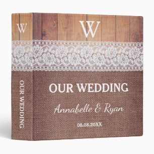 Rustic Burlap Lace & Wood   Our Wedding 3 Ring Binder