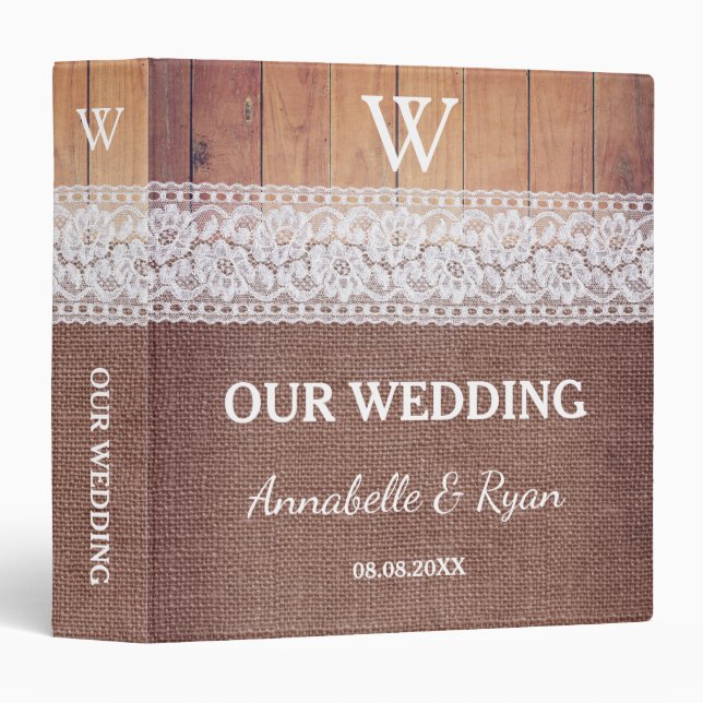 Rustic Burlap Lace & Wood | Our Wedding 3 Ring Binder (Front/Spine)