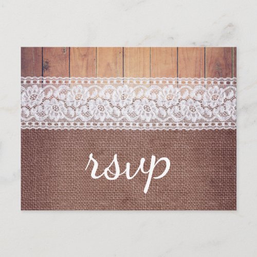 Rustic Burlap Lace  Wood RSVP Invitation Postcard