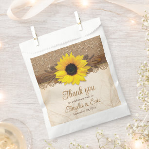 Rustic Burlap Lace Wood Sunflower Wedding Favor Bag