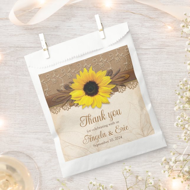 Rustic Burlap Lace Wood Sunflower Wedding Favor Bag (Clipped)