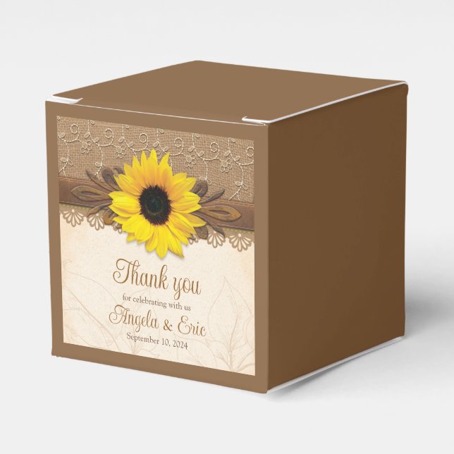 Rustic Burlap Lace Wood Sunflower Wedding Favor Boxes (Front Side)
