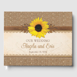 Rustic Burlap Lace Wood Sunflower Wedding Guest Book