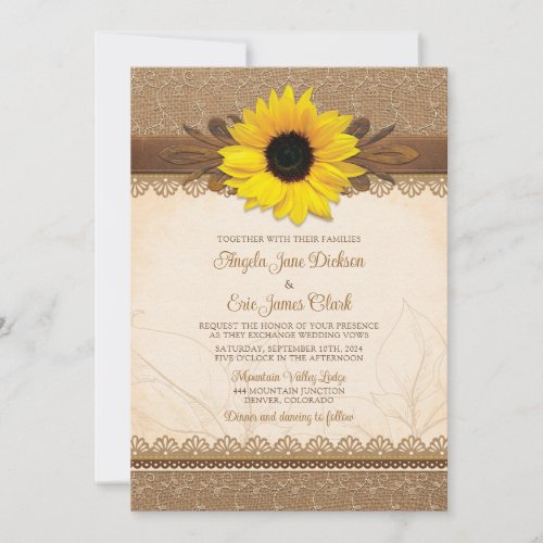 Rustic Burlap Lace Wood Sunflower Wedding Invitation