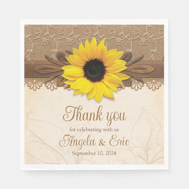 Rustic Burlap Lace Wood Sunflower Wedding Napkins (Front)