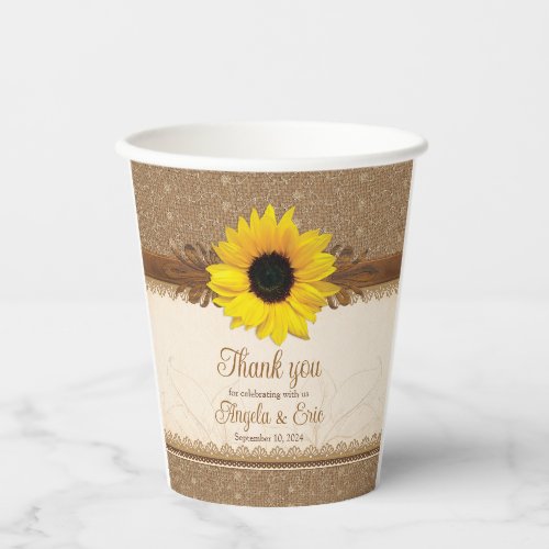 Rustic Burlap Lace Wood Sunflower Wedding Paper Cups