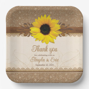 Rustic Burlap Lace Wood Sunflower Wedding Paper Plates