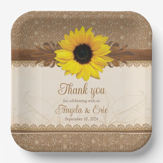 Rustic Burlap Lace Wood Sunflower Wedding Paper Plates (Front)