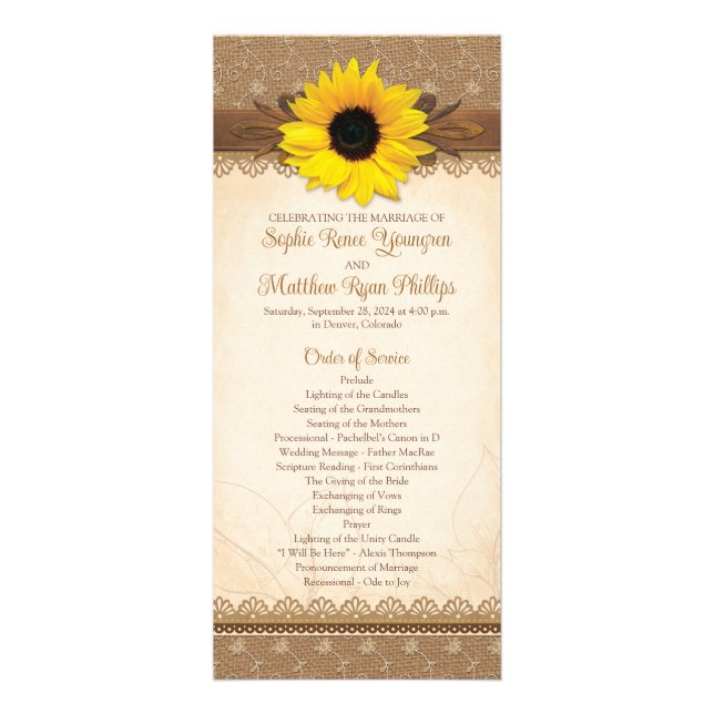 Rustic Burlap Lace Wood Sunflower Wedding Program (Front)