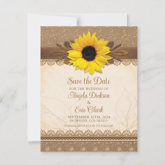 Rustic Burlap Lace Wood Sunflower Wedding Save The Date (Front)