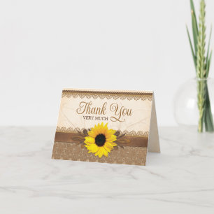 Rustic Burlap Lace Wood Sunflower Wedding  Thank You Card