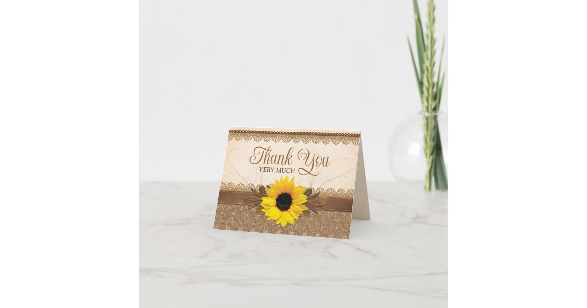 Rustic Burlap Lace Wood Sunflower Wedding Thank You Card | Zazzle