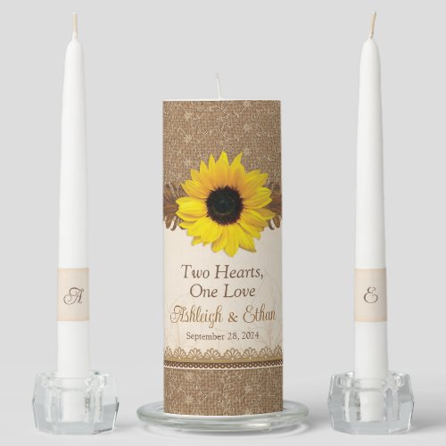 Rustic Burlap Lace Wood Sunflower Wedding Unity Candle Set