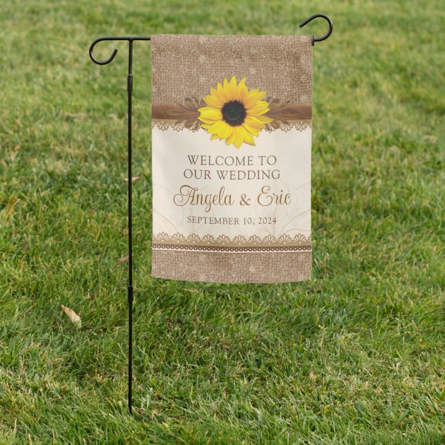 Rustic Burlap Lace Wood Sunflower Wedding Welcome Garden Flag (In SItu)