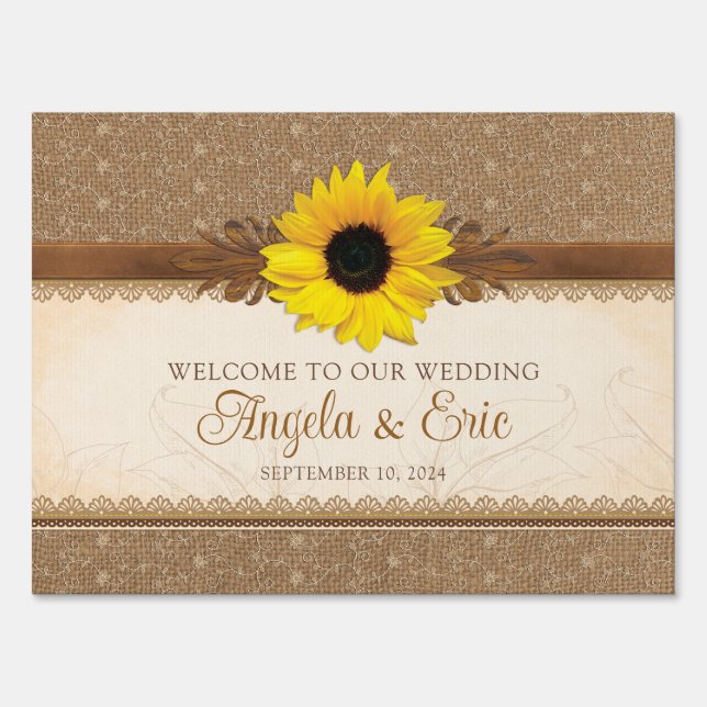 Rustic Burlap Lace Wood Sunflower Wedding Welcome Sign (Front)