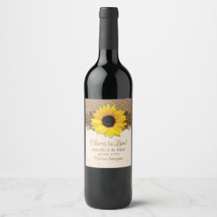 Rustic Burlap Lace Wood Sunflower Wedding Wine Label