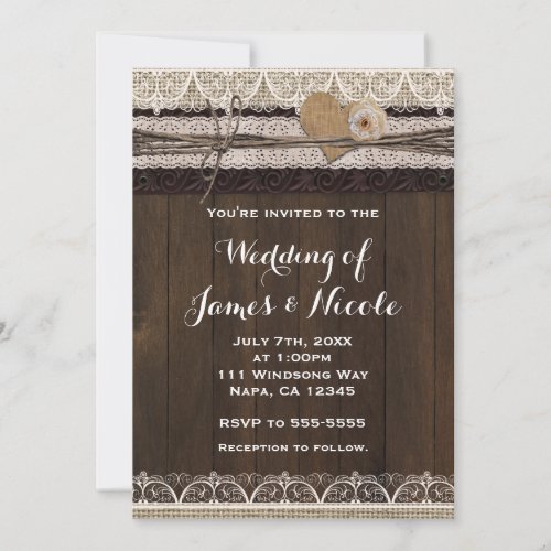 Rustic Burlap Lace  Wood Wedding Invitations