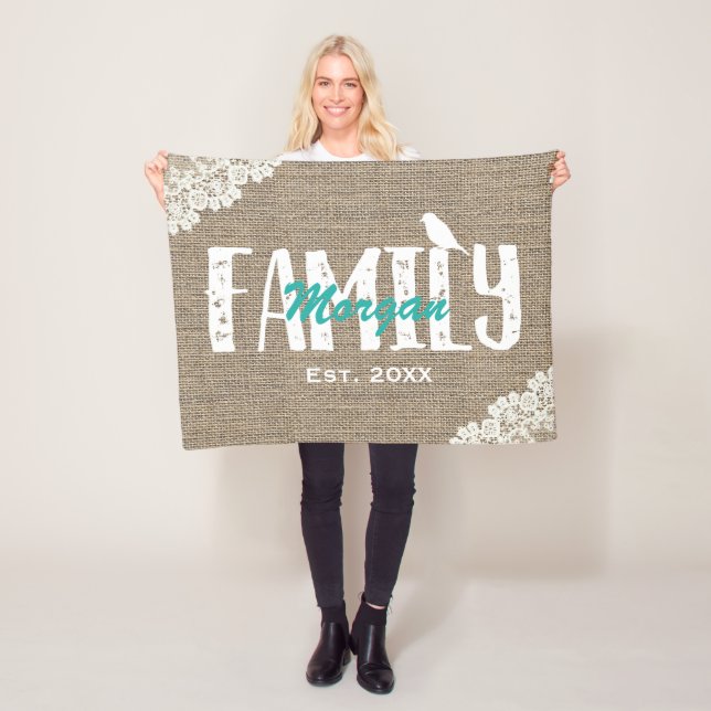 Rustic Burlap Laced Family Name Established Fleece Blanket (In Situ)