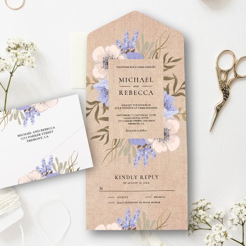 Rustic Burlap Lavender Floral Bouquet Wedding All In One Invitation