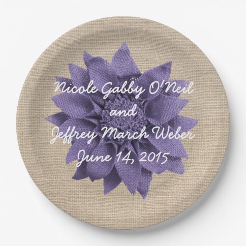 Rustic Burlap Lavender Flower Wedding Paper Plates