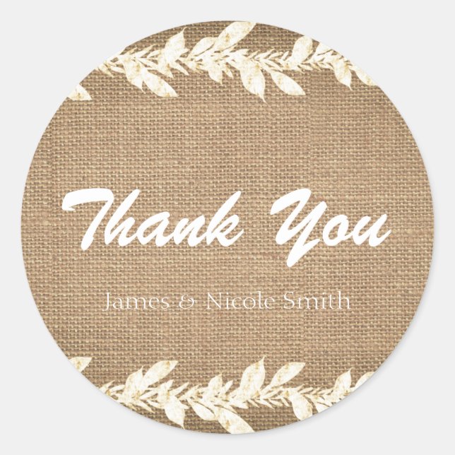 Rustic Burlap & Leaves Wedding Favor Classic Round Sticker (Front)