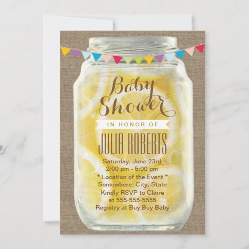 Rustic Burlap Lemons Jar Baby Shower Invitation