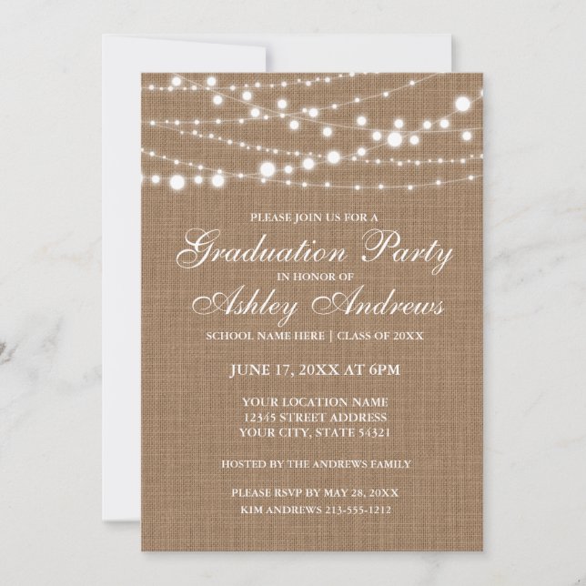Rustic Burlap Lights Graduation Party Invitation (Front)