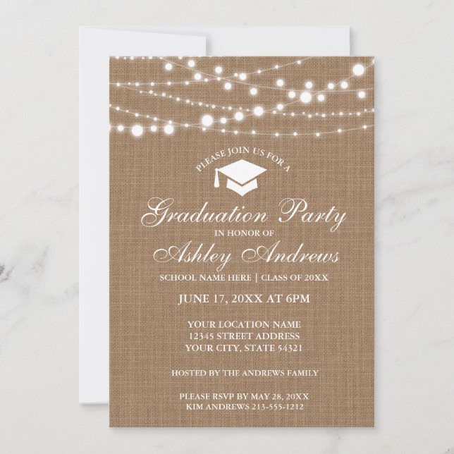 Rustic Burlap Lights Graduation Party Invitation W (Front)